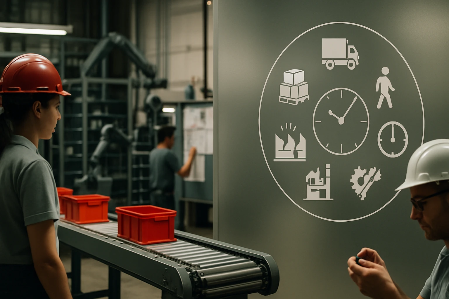 Gyártási folyamat egy modern üzemcsarnokban, piros tárolódobozokkal.