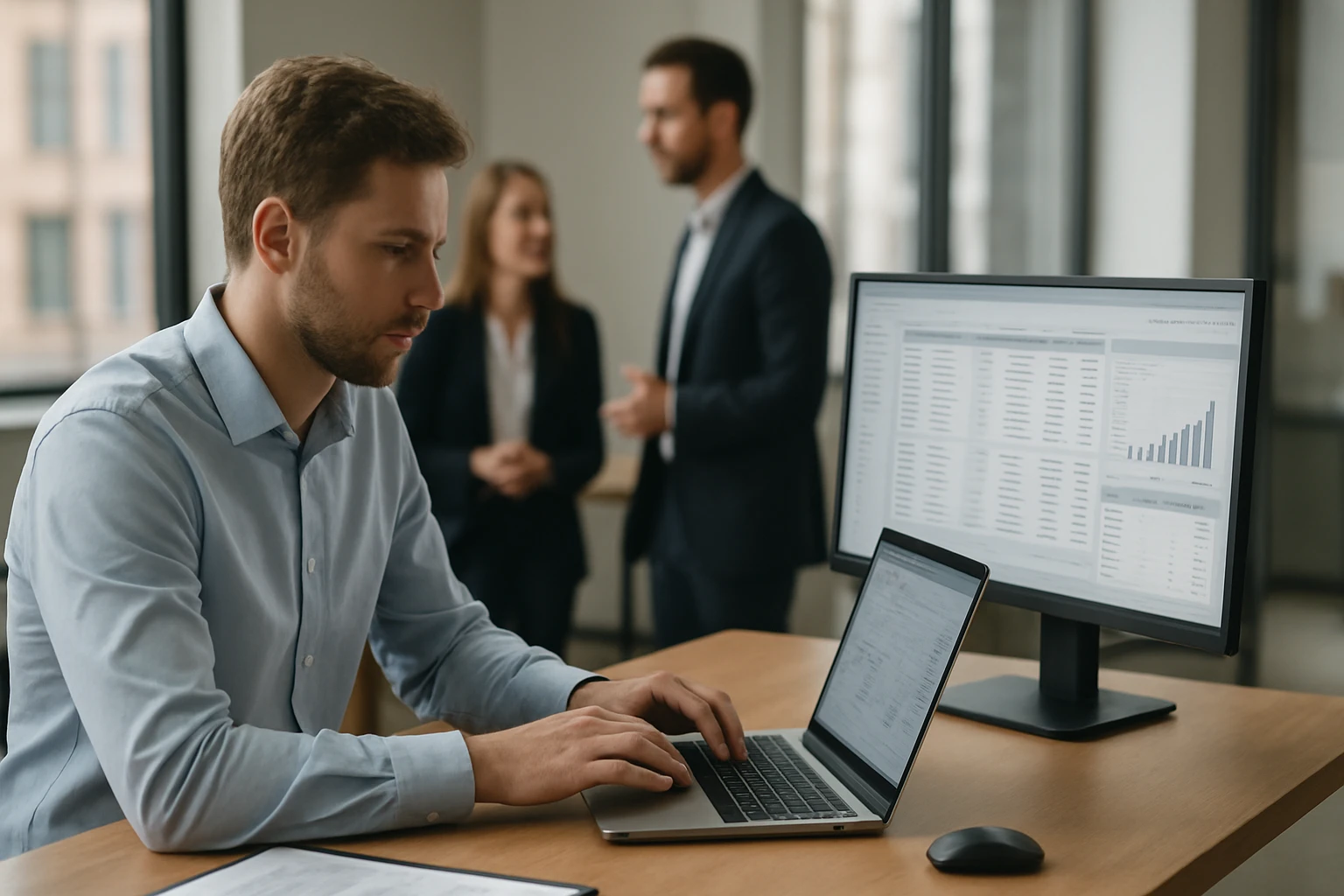 Egy férfi laptopon dolgozik, miközben háttérben két ember beszélget.