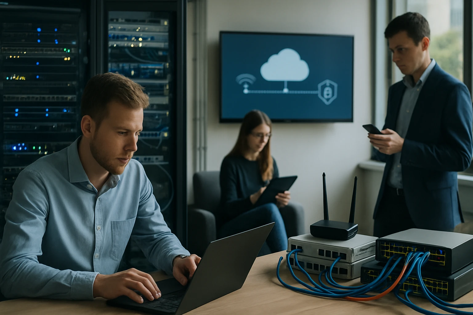 Egy férfi laptopon dolgozik, miközben háttérben szerverek és felhőszolgáltatás látható.