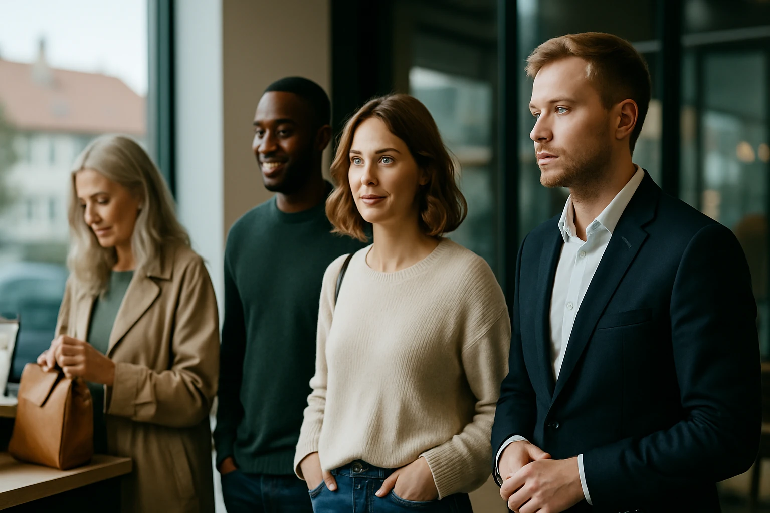 Négy ember áll egy modern kávézóban, különböző stílusú ruhákban.