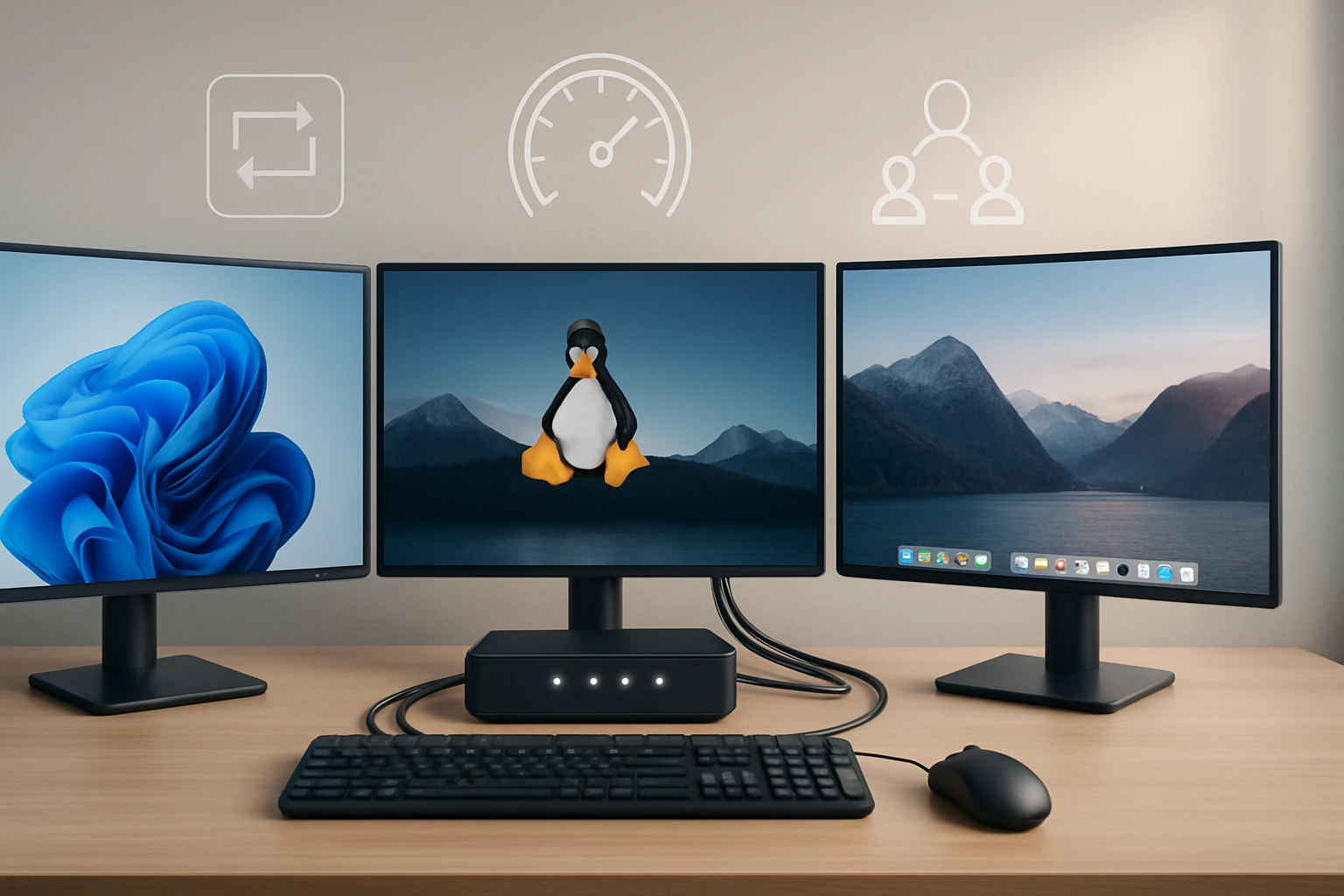 Három monitor egy asztalon, középen Linux pingvin figurával.