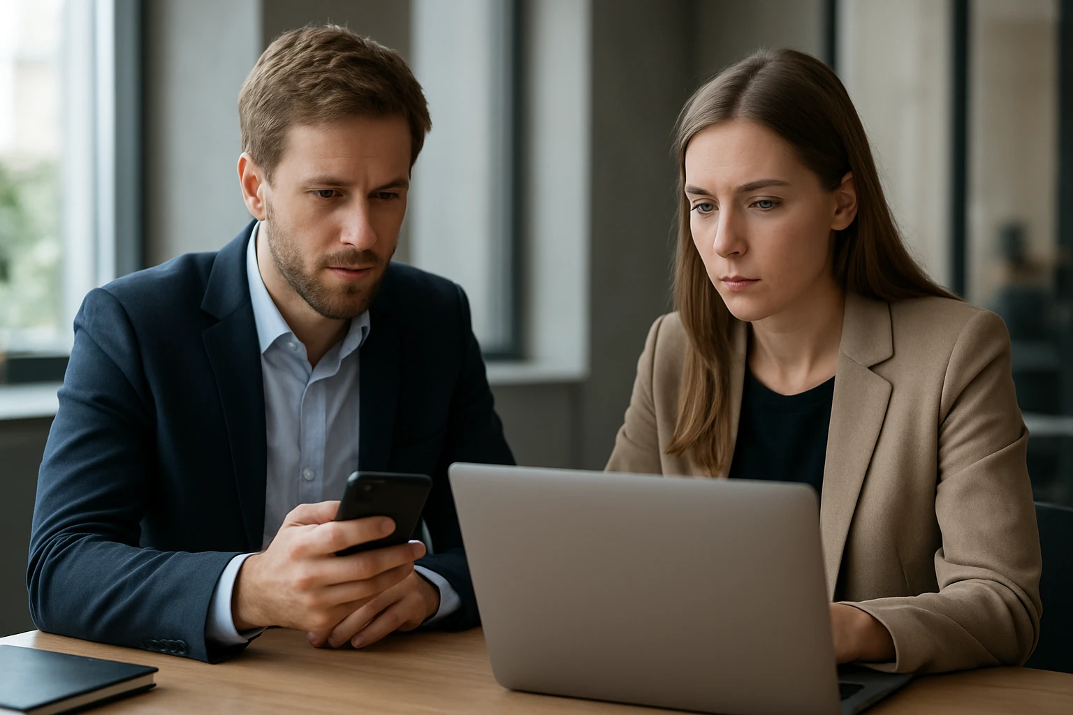 Két fiatal szakember ül egy asztalnál, laptopot és okostelefont használnak.