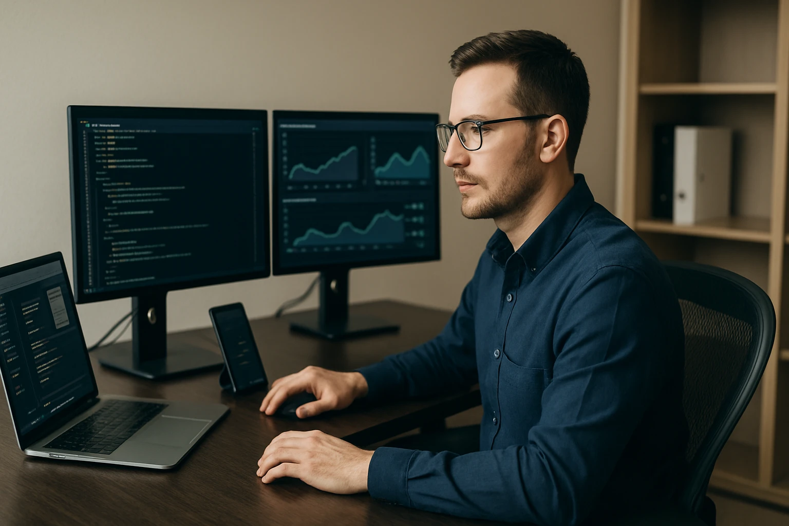 Egy fiatal férfi dolgozik laptopján, két monitor előtt, kódot és grafikonokat néz.