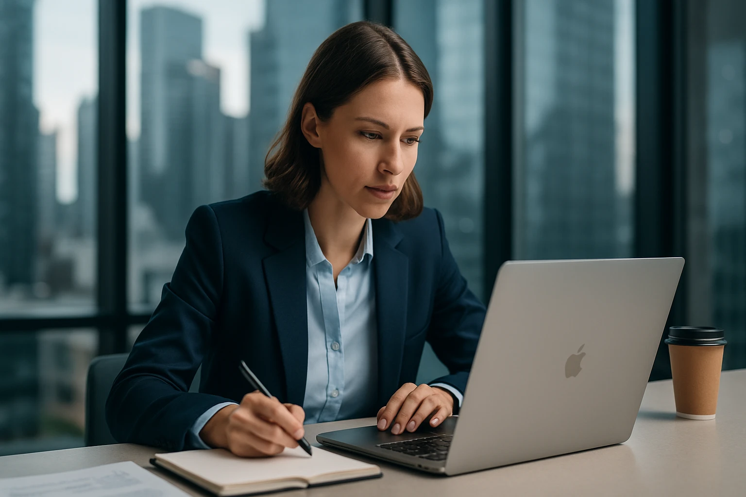 Egy fiatal nő üzleti öltözetben, laptop előtt ülve, jegyzetel.