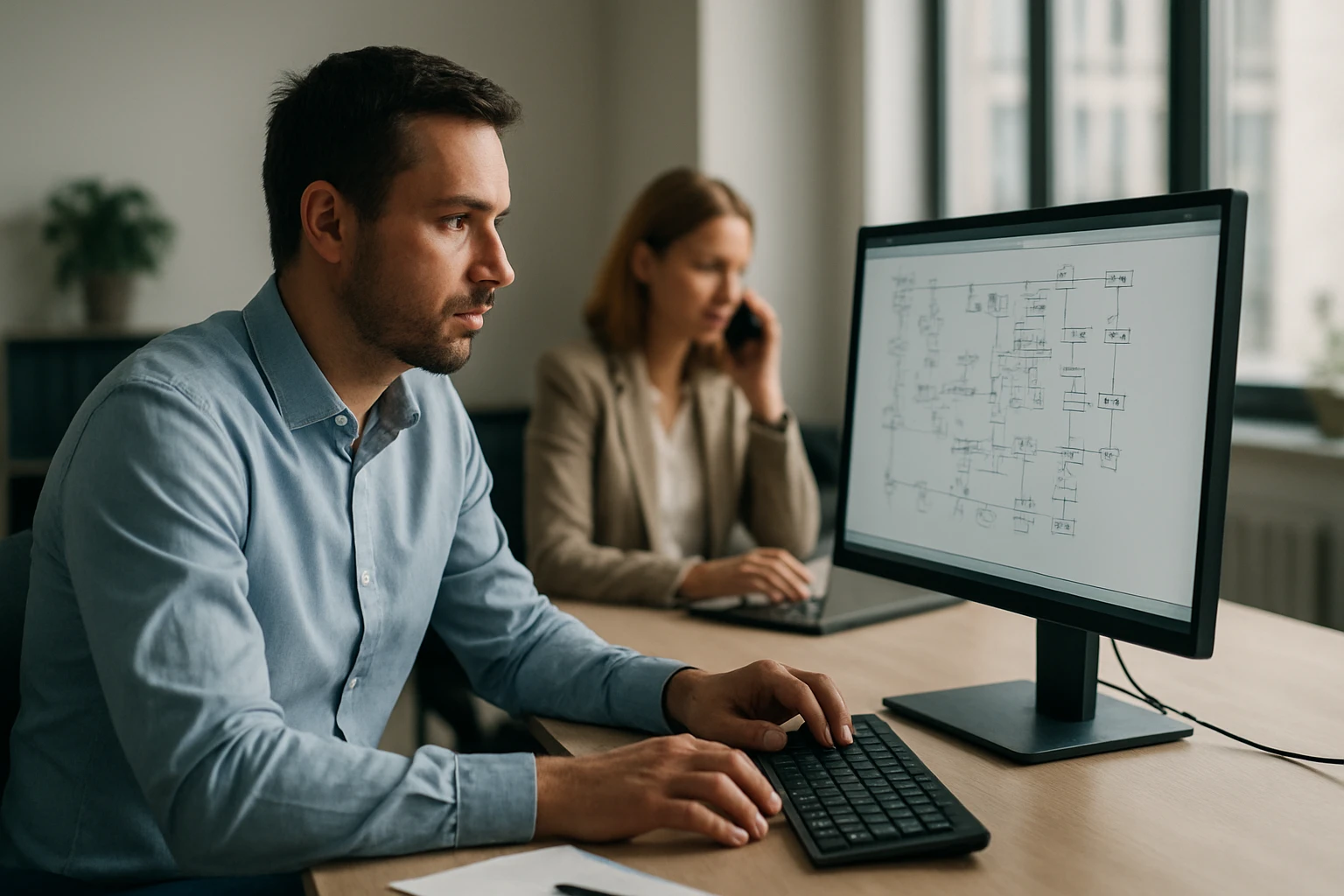 Egy férfi számítógépen dolgozik, míg egy nő telefonál a háttérben.
