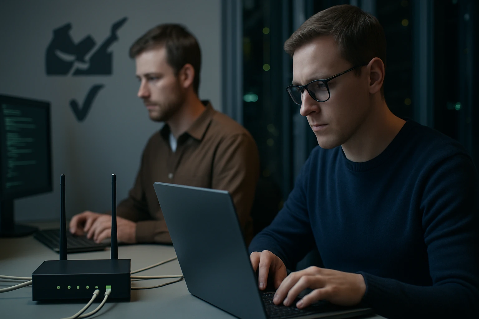 Két férfi dolgozik laptopon, háttérben egy router és kódokkal teli képernyő.