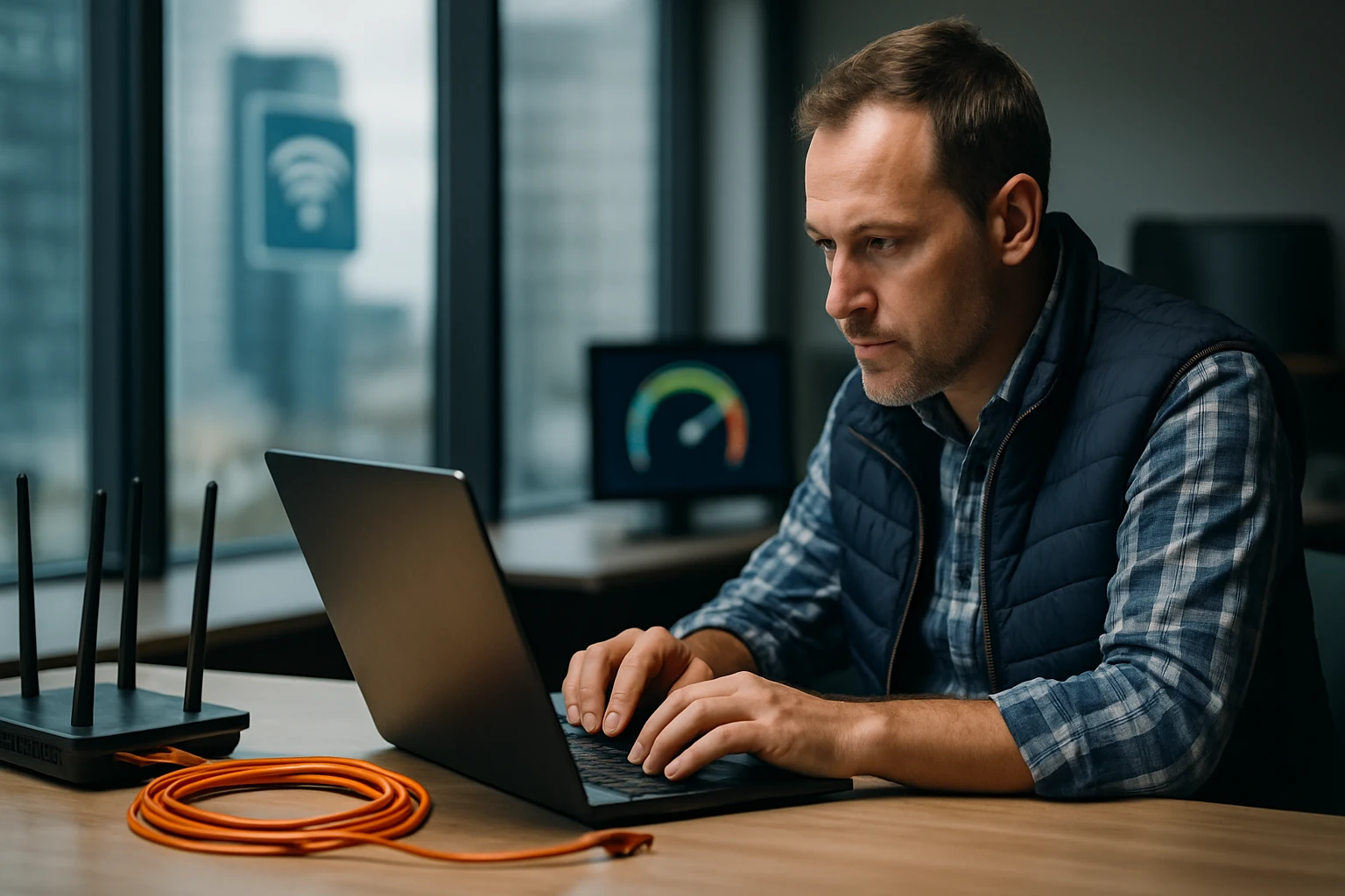 Egy férfi laptopon dolgozik, mellette router és kábel található.