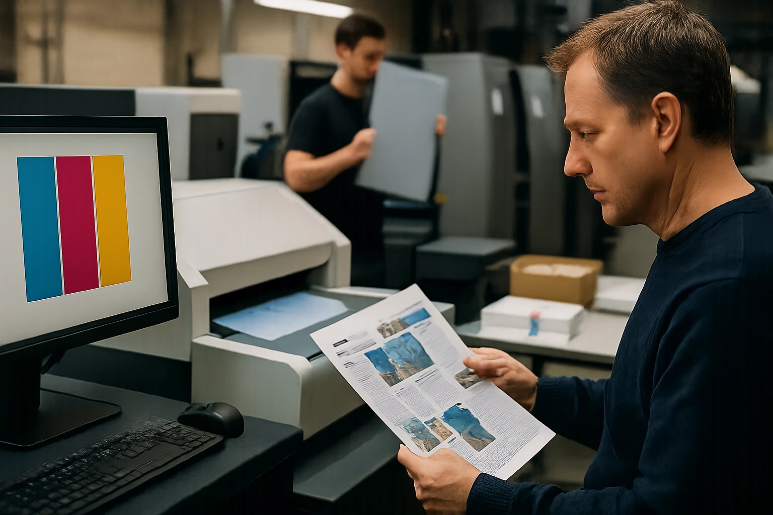 Egy férfi nyomtatott anyagot néz, miközben a háttérben egy másik dolgozik.