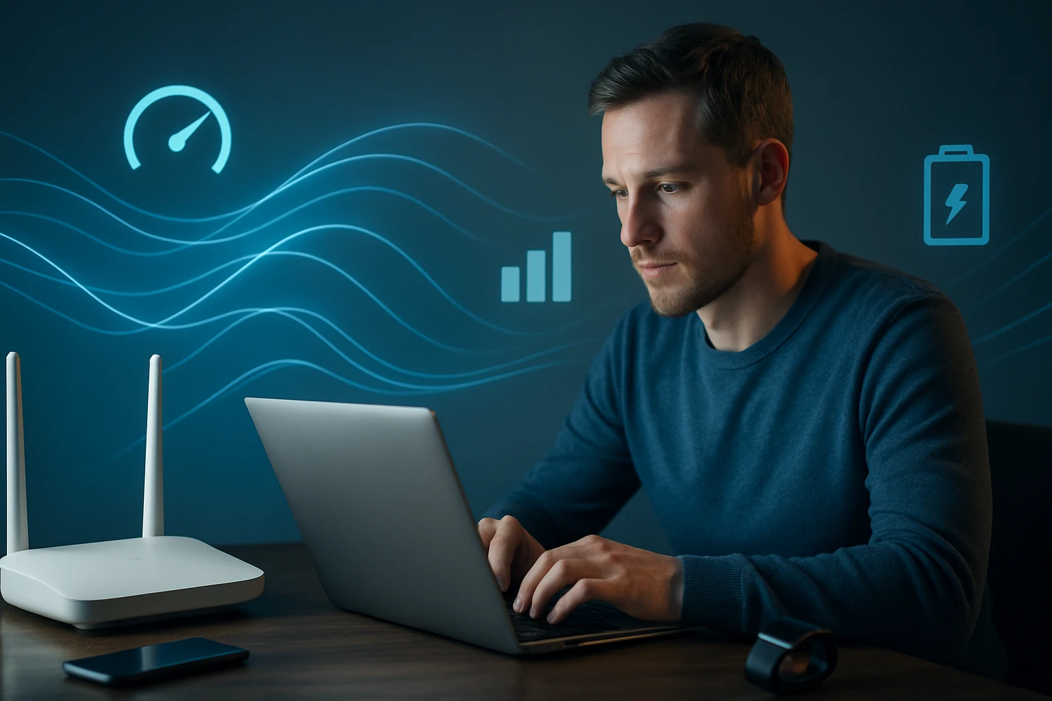 Egy férfi laptopon dolgozik, háttérben technológiai ikonokkal.