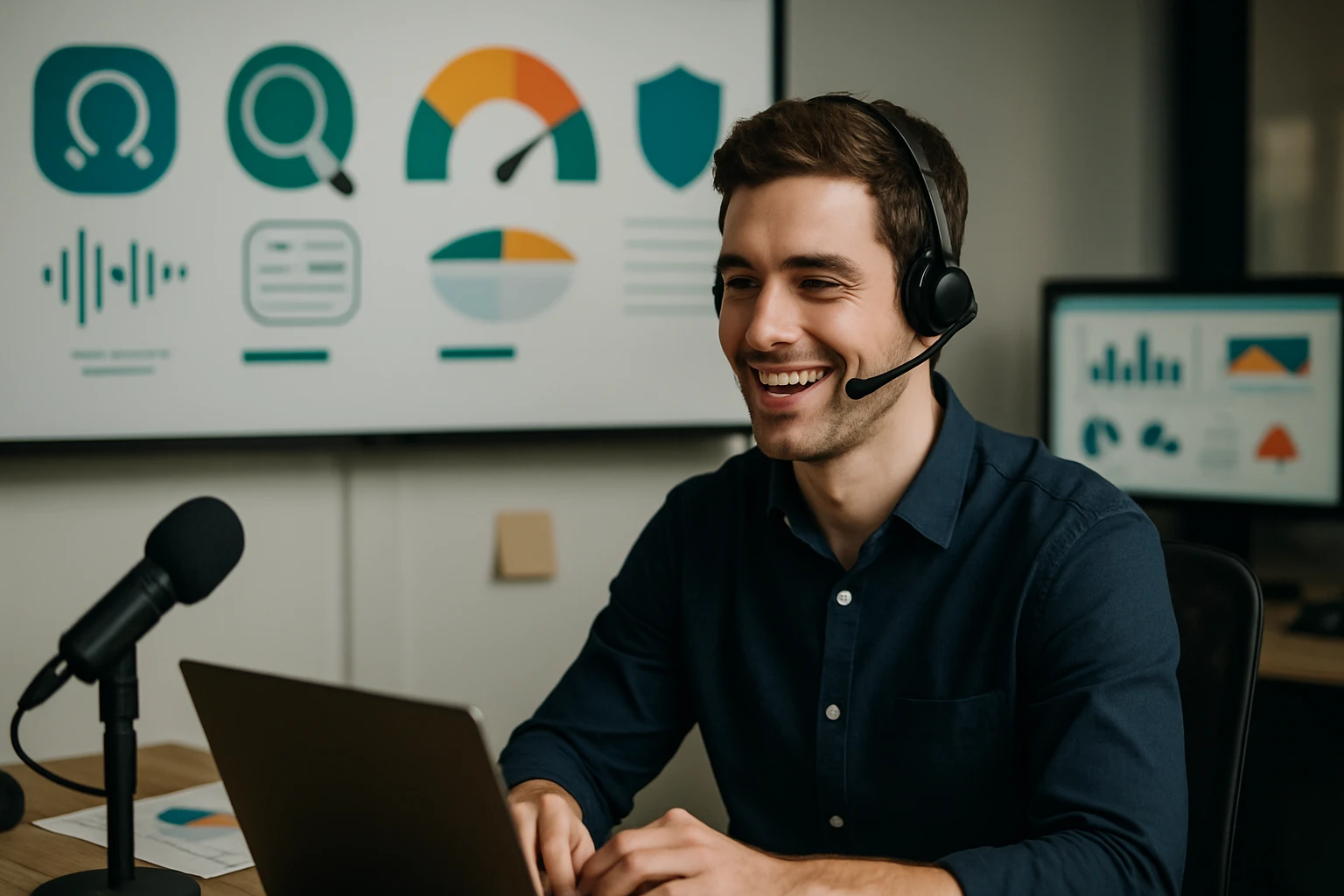 Egy fiatal férfi headsettel dolgozik laptop előtt, háttérben grafikonokkal.