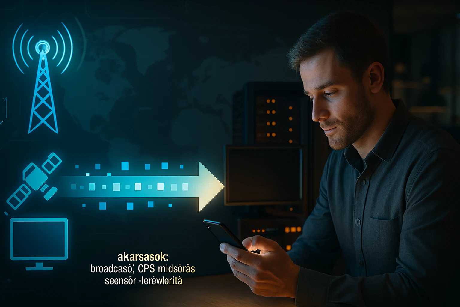 Egy férfi okostelefont használ, háttérben technológiai elemekkel.