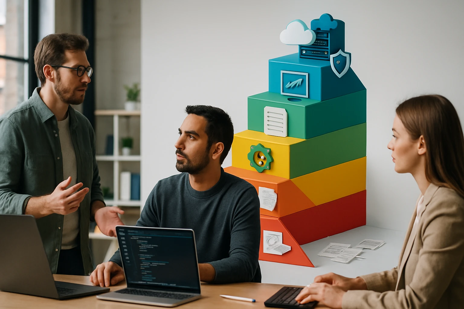 Két férfi és egy nő beszélget egy modern irodában, laptopokkal és grafikus elemekkel.