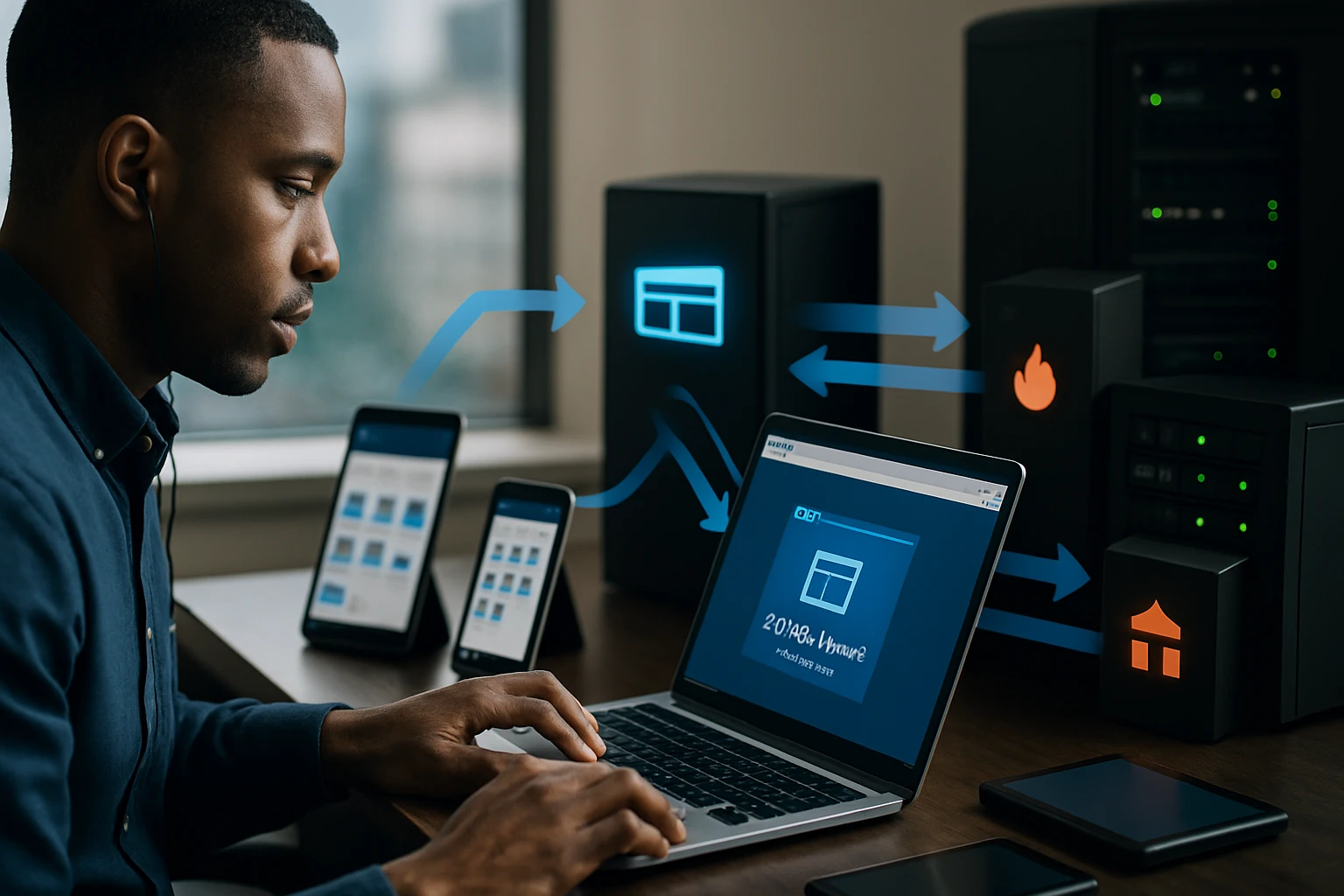 Egy férfi laptopon dolgozik, körülötte több mobil eszköz és szerverek.