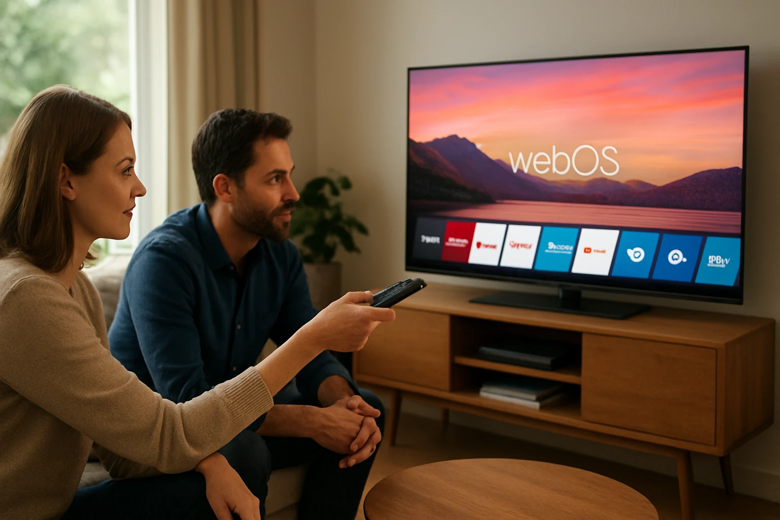 Egy pár nézi a televíziót, amelyen a webOS felülete látható.