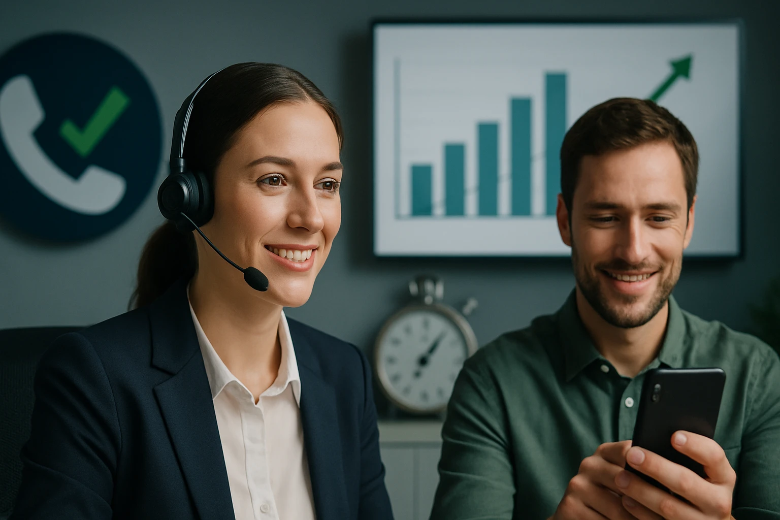 Egy nő headsettel és egy férfi okostelefonnal, háttérben grafikonokkal.