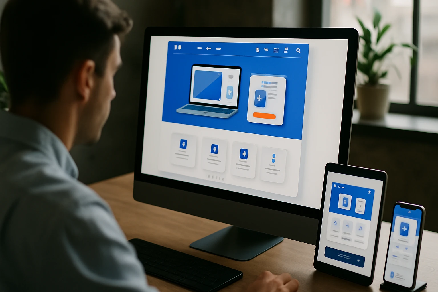 Egy férfi számítógép előtt ül, különböző eszközök UI tervezését nézi.