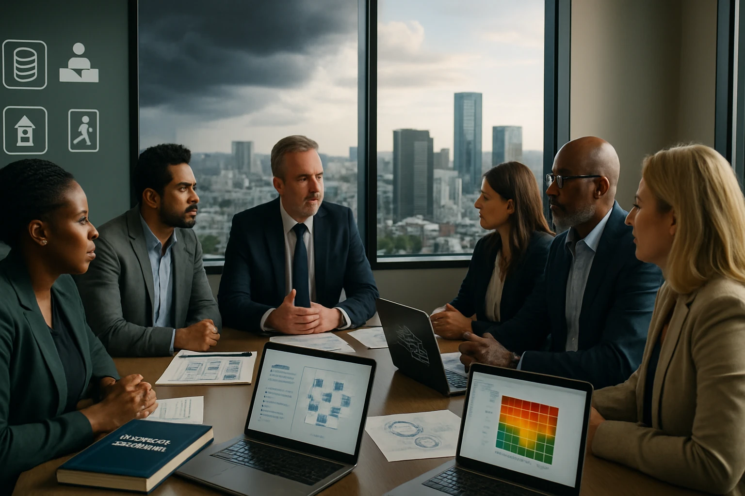 Hat fős, modern irodai környezetben zajló megbeszélés, laptopokkal és grafikonokkal.