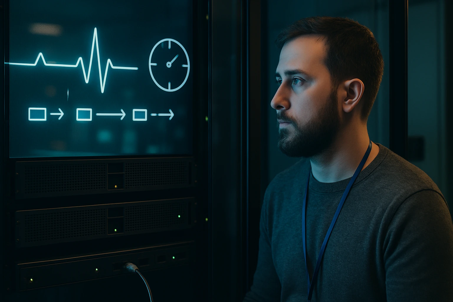 Egy férfi figyel egy monitorra, amelyen pulzusgörbe és óra látható.