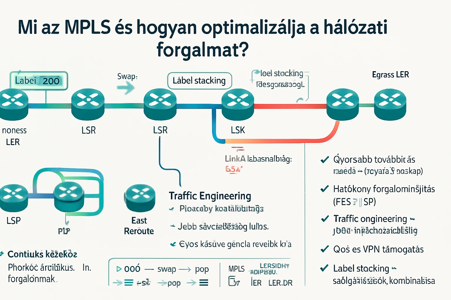 Az MPLS hálózati forgalom optimalizálásának folyamata, diagramon ábrázolva.