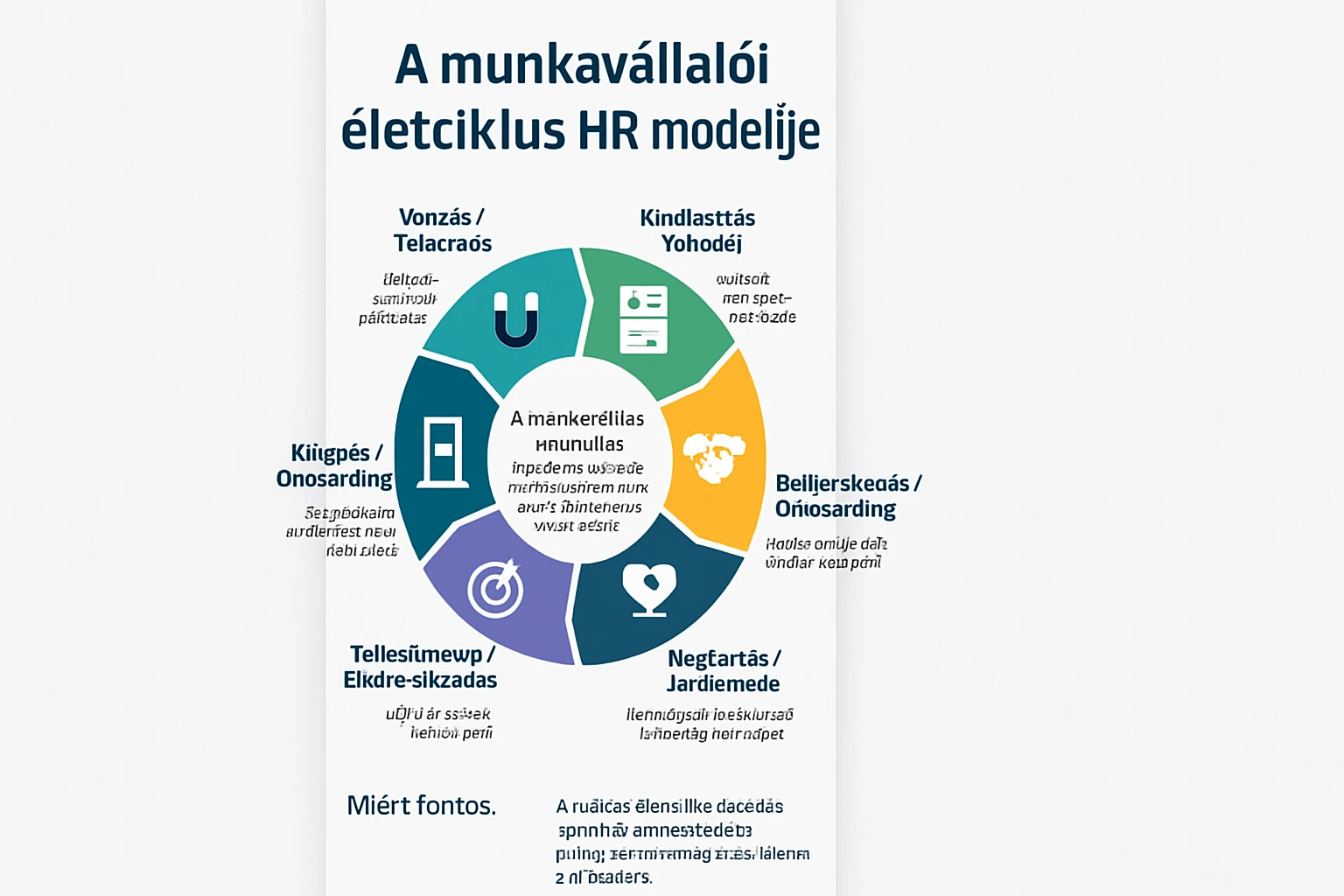 A munkavállalói életciklus HR modellje, kördiagram formájában bemutatva.