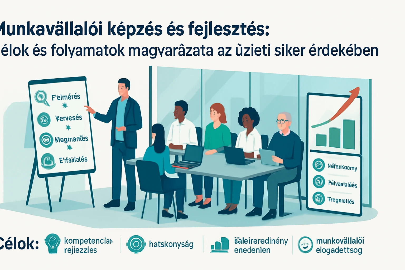 Egy csoport szakember részt vesz egy munkavállalói képzésen, prezentációval.