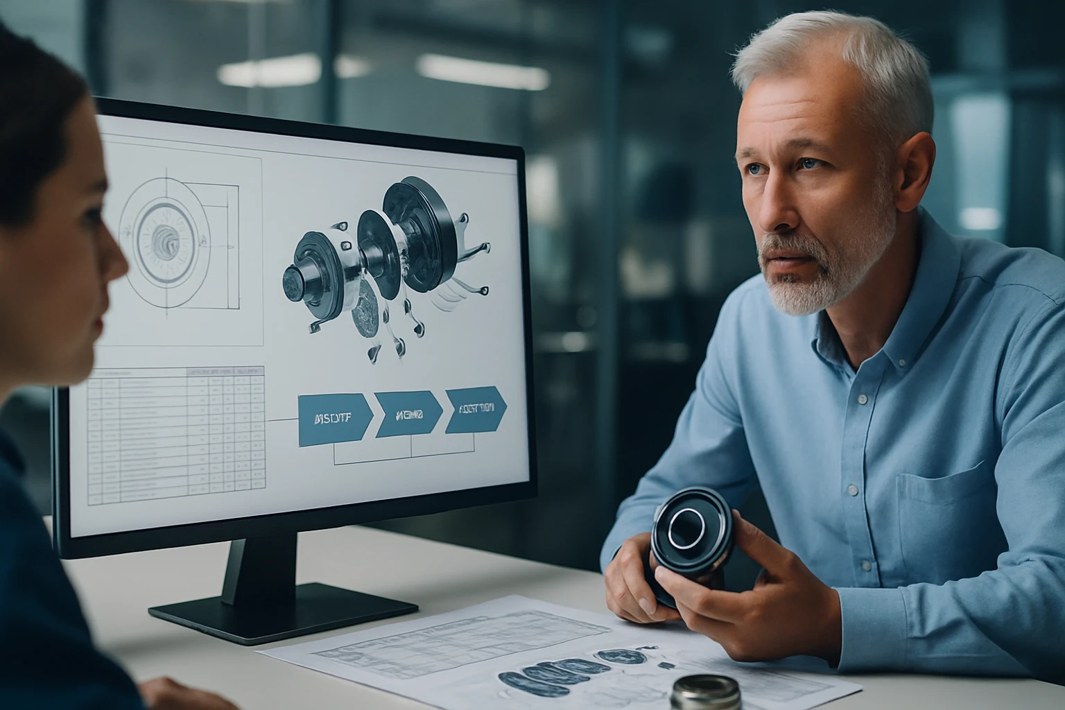 Két ember beszélget egy műszaki rajz előtt, miközben egy alkatrészt tartanak a kezükben.