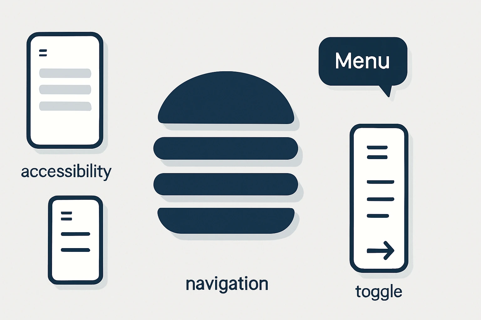 Különböző navigációs ikonok, mint a hamburger menü és a hozzáférhetőség jelzései.