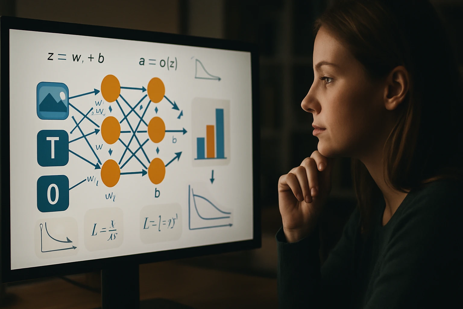 Egy fiatal nő figyelmesen nézi a számítógép képernyőjét, amelyen neurális hálózatok láthatók.