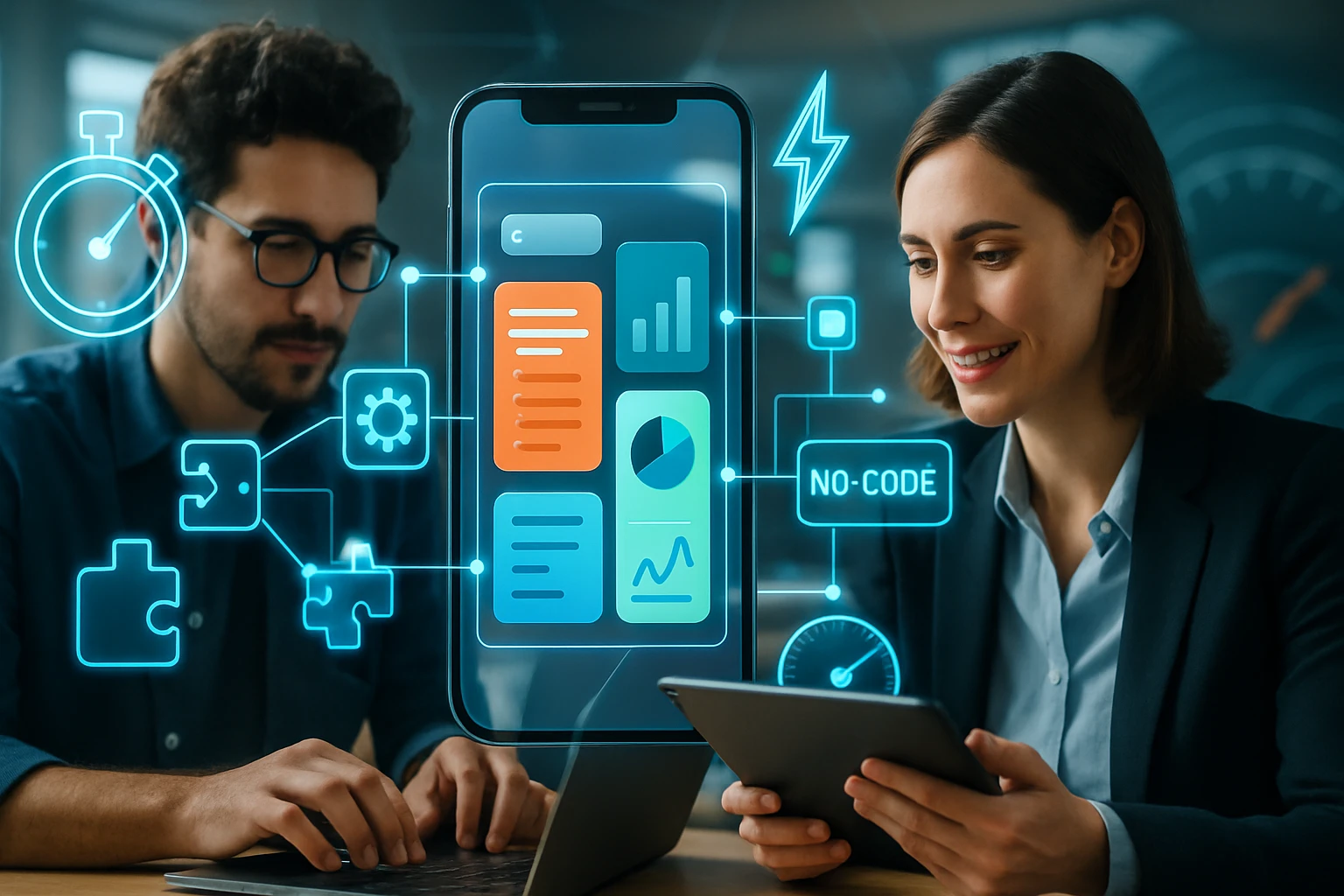 Két szakember dolgozik digitális eszközökön, no-code alkalmazásokat fejlesztenek.