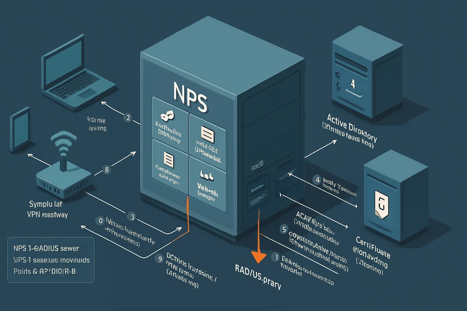 Egy NPS szerver diagramja, amely VPN és Active Directory kapcsolatokat mutat.