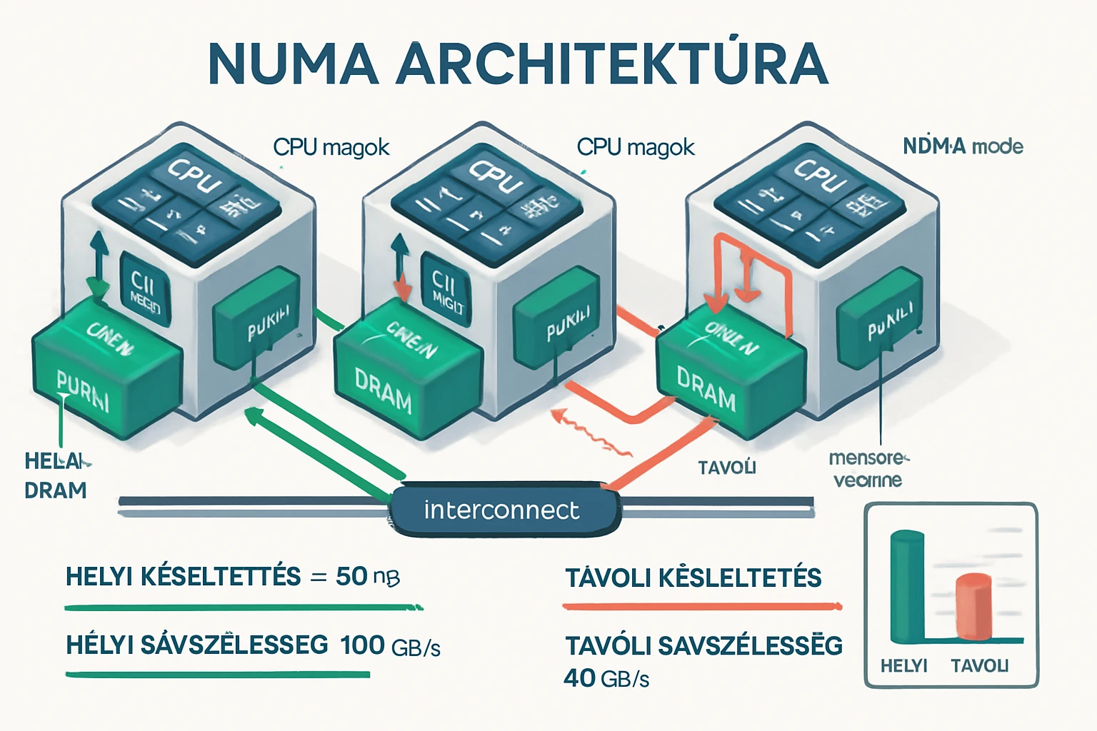 A NUMA architektúra grafikus ábrázolása, CPU magokkal és memória kapcsolatokkal.