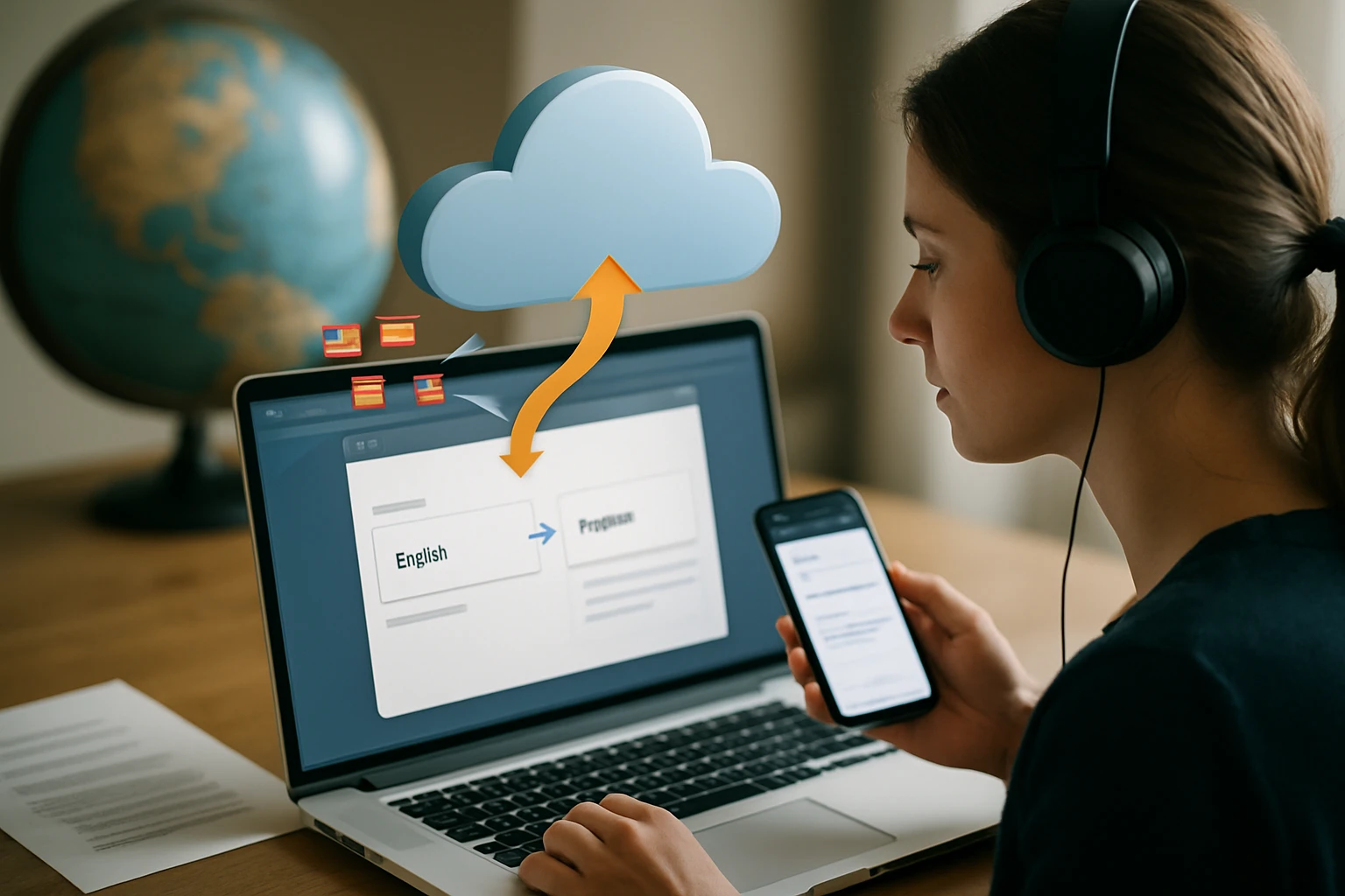 Egy fiatal nő laptopon és telefonon dolgozik nyelvi fordításon, fejhallgatóval.