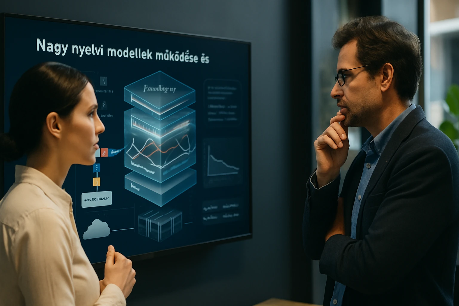 Két szakember beszélget egy prezentáció előtt, amely nyelvi modellek működését mutatja be.