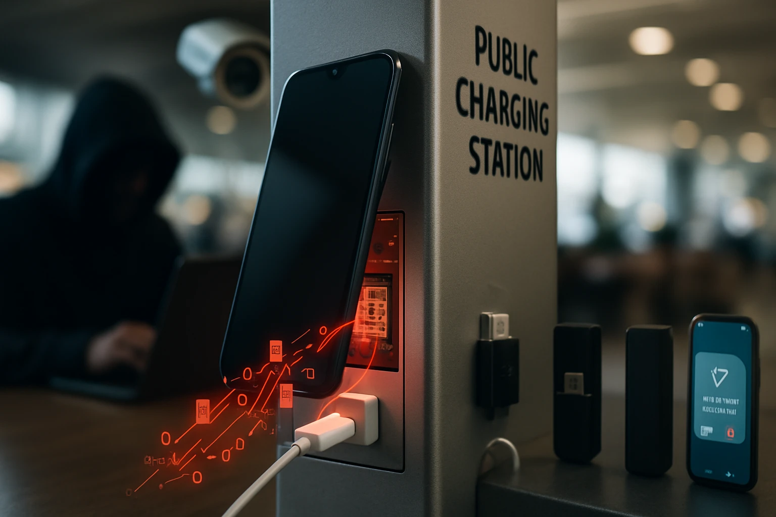 Egy nyilvános töltőállomás, ahol egy okostelefon töltőkábelhez csatlakozik.