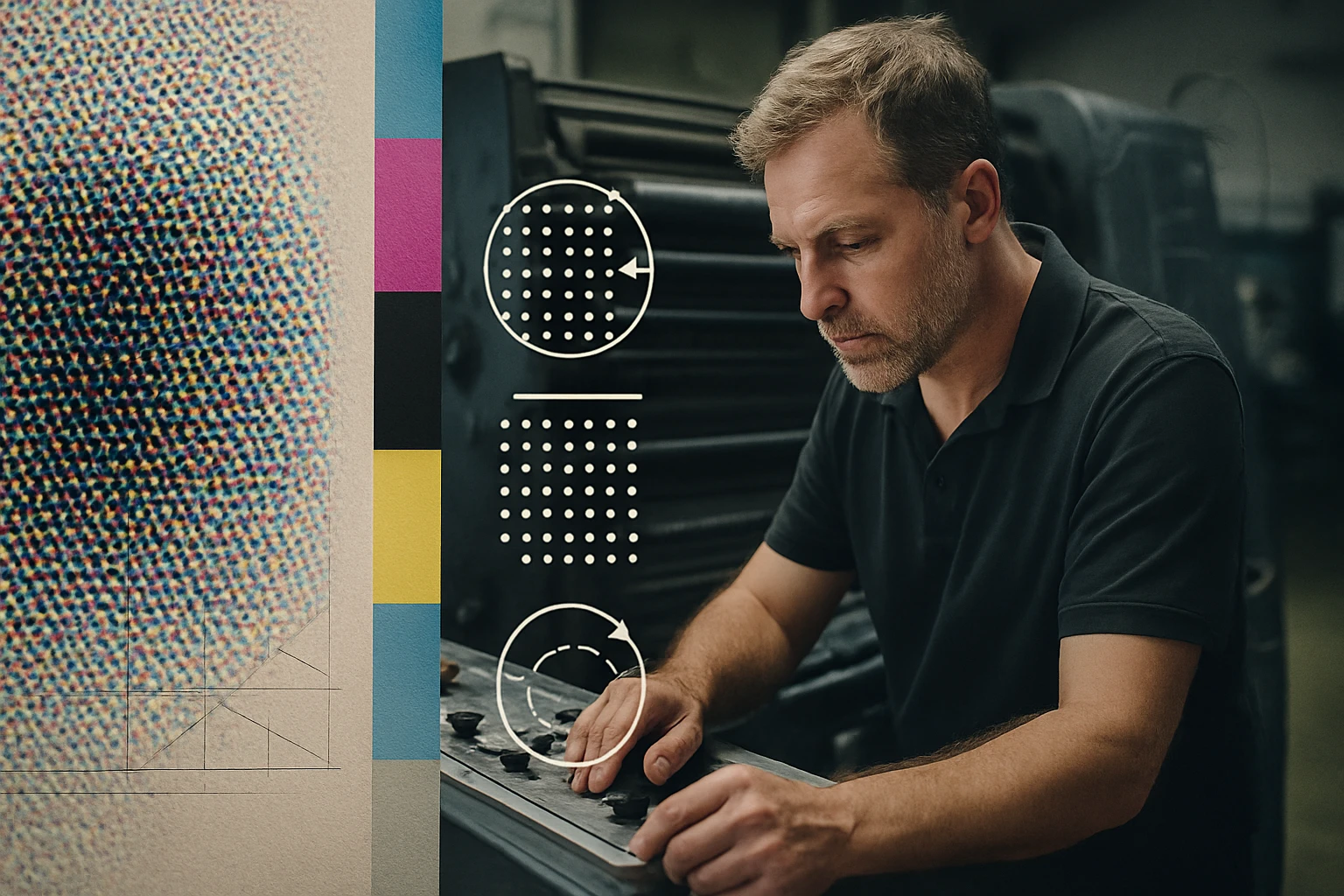 Egy férfi a nyomtatási folyamatot irányítja, színes minták mellett.