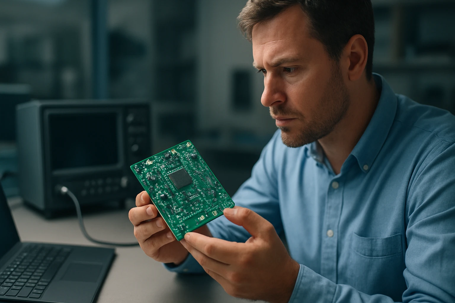 Egy férfi közelről vizsgál egy zöld nyomtatott áramkört laboratóriumi környezetben.