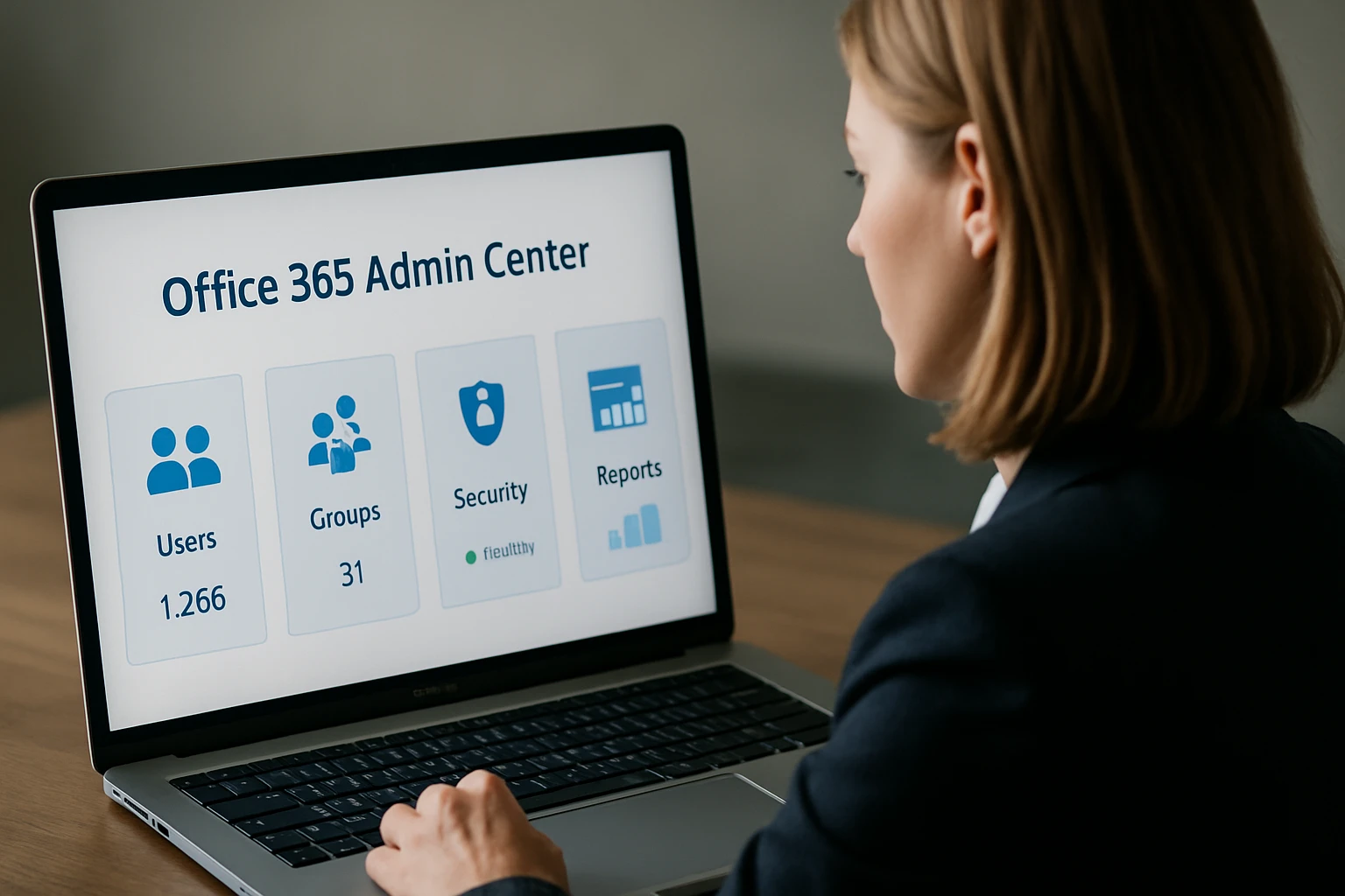 Egy nő az Office 365 Admin Center felületén dolgozik laptopján.