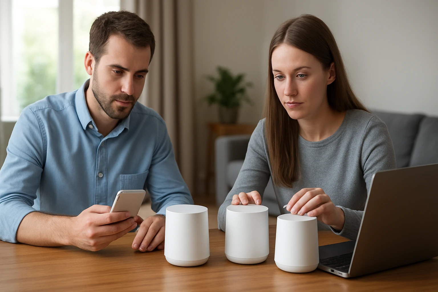 Két fiatal felnőtt egy asztalnál ül, okostelefont és okos hangszórókat vizsgálnak.