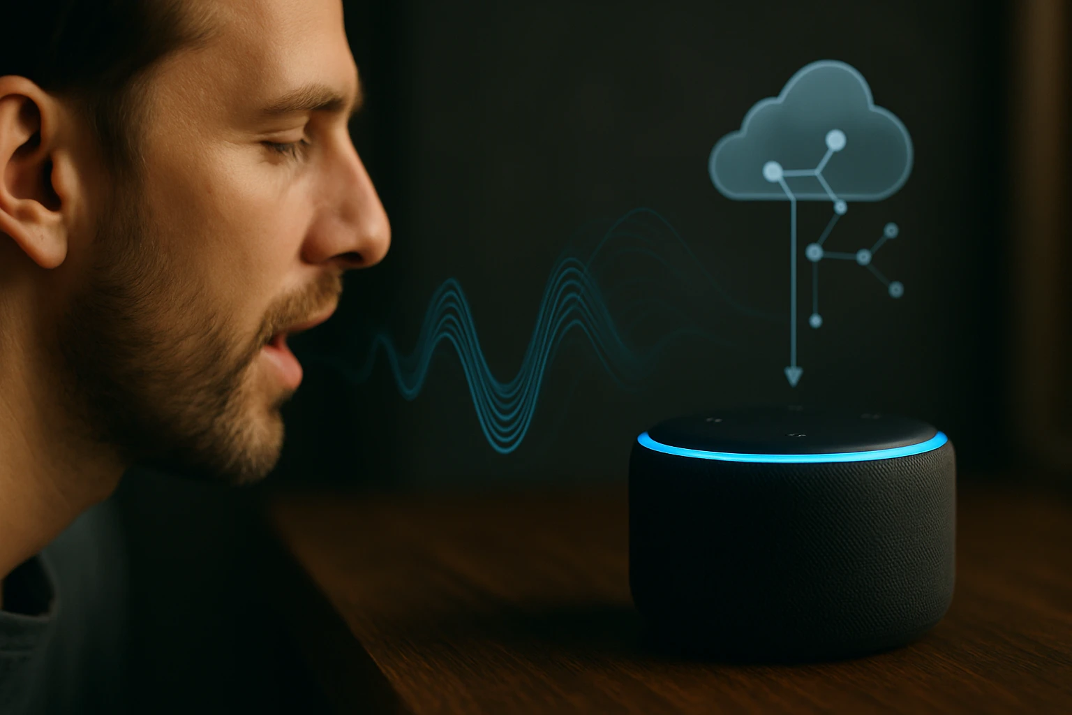 Egy férfi beszél egy okos hangszóróhoz, miközben hanghullámok láthatók.