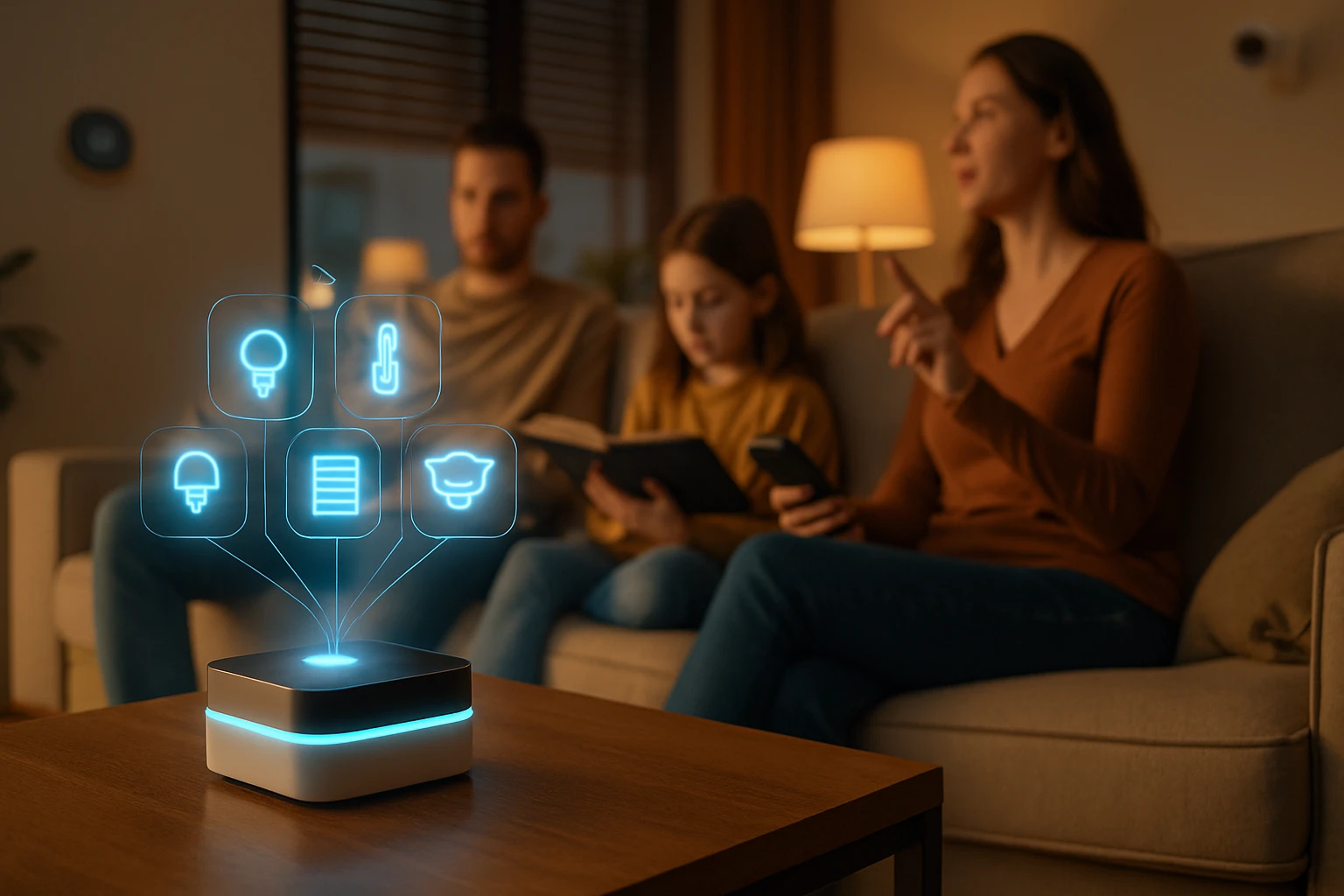 Egy okos otthoni eszköz, amely különböző funkciókat mutat be, mint világítás és hőmérséklet.