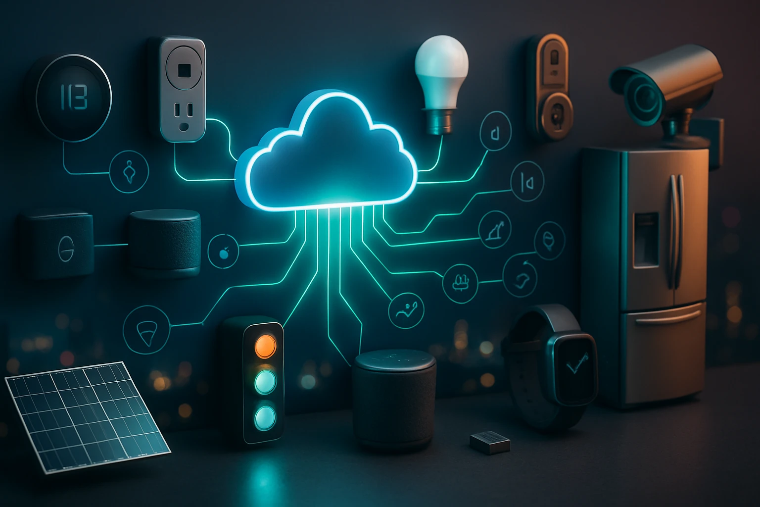 Okos eszközök és felhőalapú technológia ábrázolása egy modern háttér előtt.