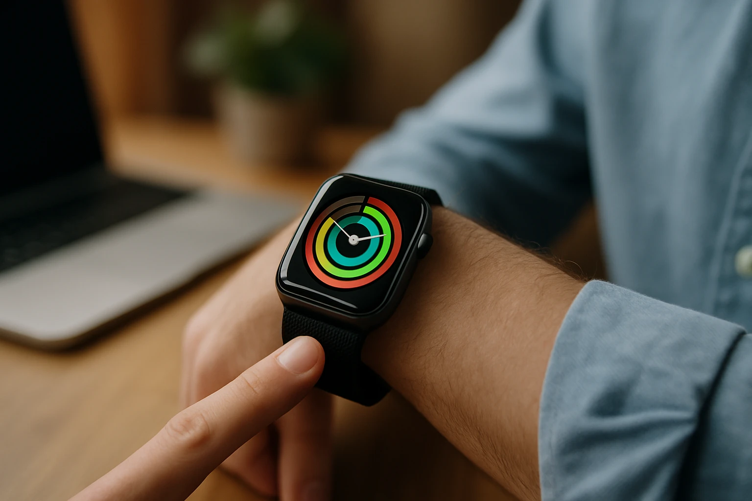 Egy férfi karján egy okosóra látható, színes aktivitásjelzőkkel.
