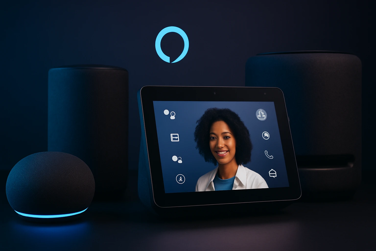 Egy okosotthon eszközei, köztük egy táblagép és hangszórók, modern dizájnnal.