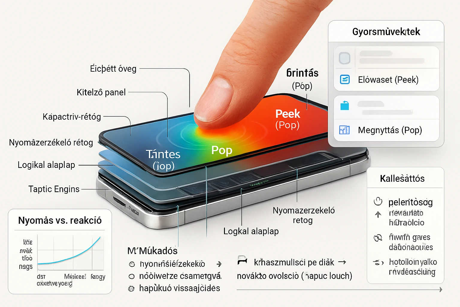 Egy okostelefon rétegei, bemutatva a nyomásérzékelő és taptic motor működését.