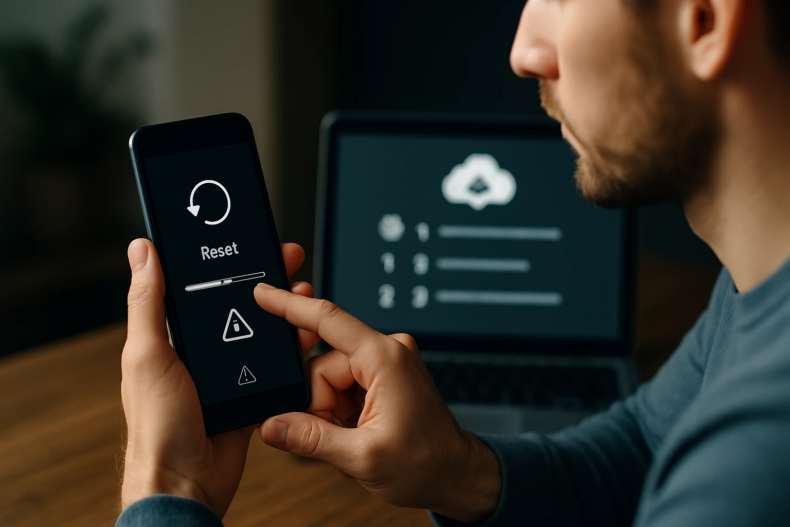 Egy férfi okostelefonján a reset gombot nyomja meg, háttérben laptop.