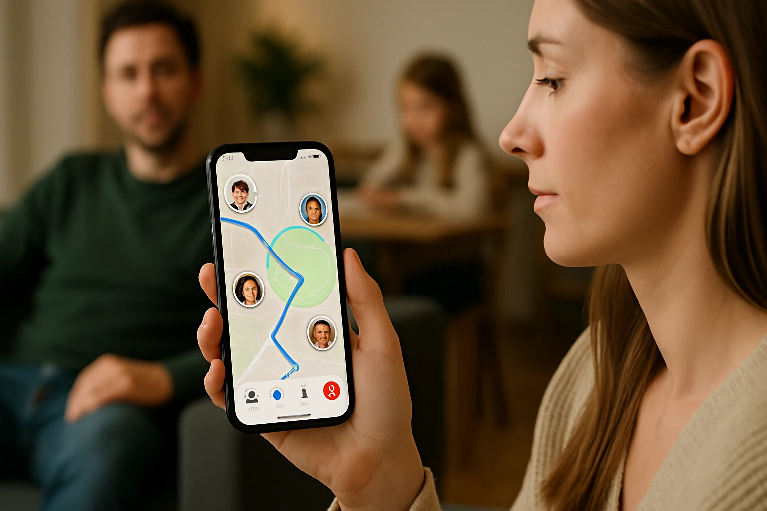 Egy nő okostelefonján térképet néz, barátai helyzetével.