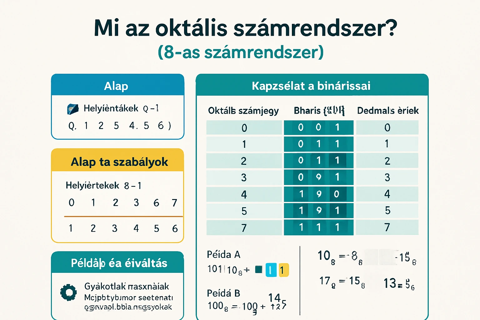 Oktális számrendszer bemutatása táblázatos formában, példákkal.