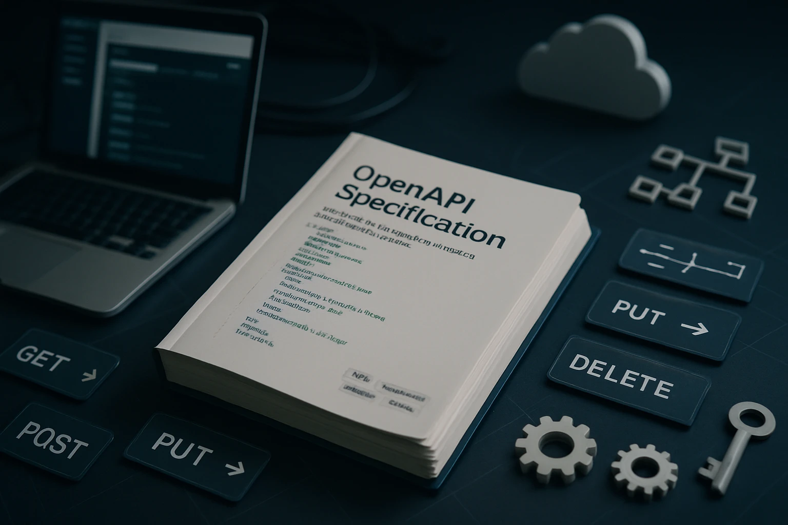 Egy laptop mellett nyitott OpenAPI specifikációs könyv és műveleti gombok.