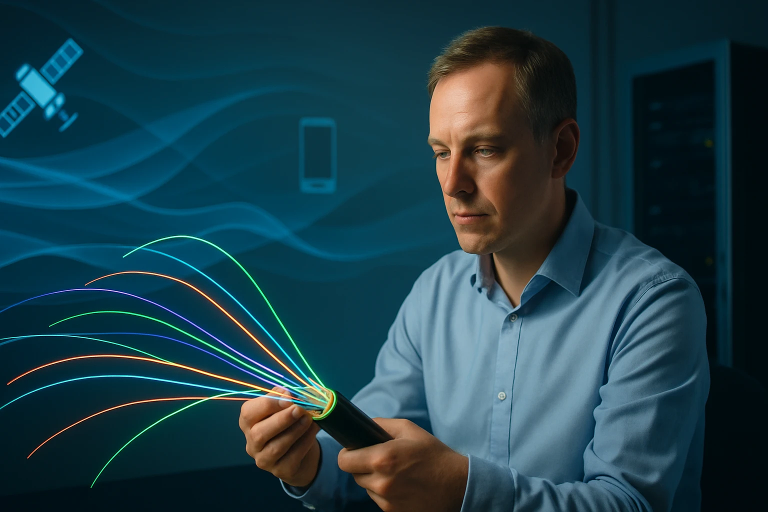 Egy férfi színes optikai szálakat tart a kezében, miközben figyelmesen nézi őket.