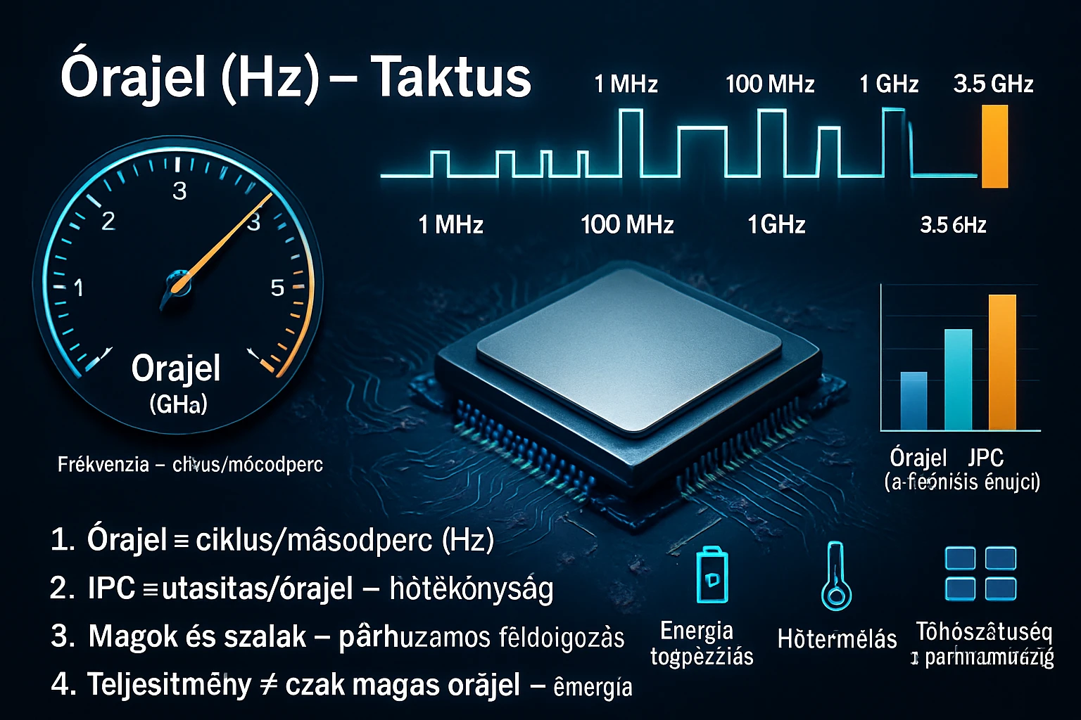 A képen egy processzor látható, mellette az órajel és IPC fogalmai.